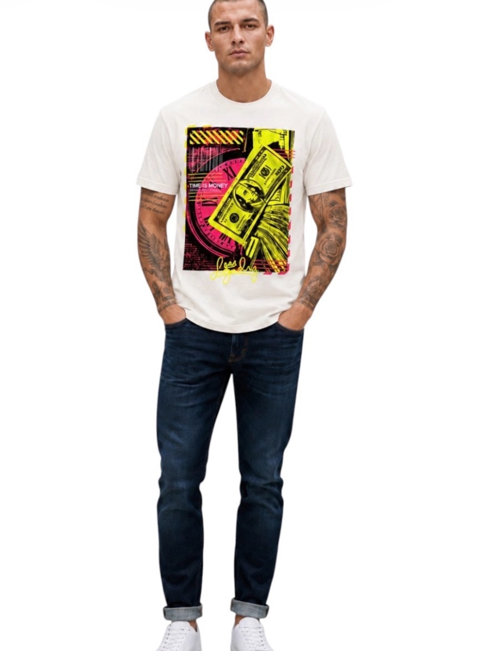White Graphic Crewneck T‑Shirt with Neon Money Print